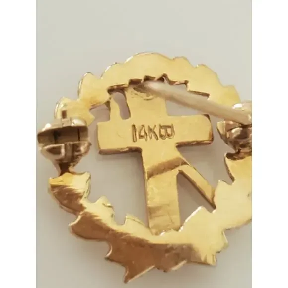 14K Gold Vintage Masonic Tie Tack Free Mason Cross Cane Gavel Brooch with Pearl